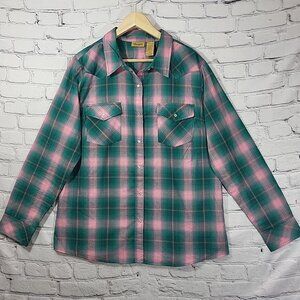 Wranglers XL Mens Western Pearl Snap Shirt Plaid Turquoise Pink Cowboy Rodeo